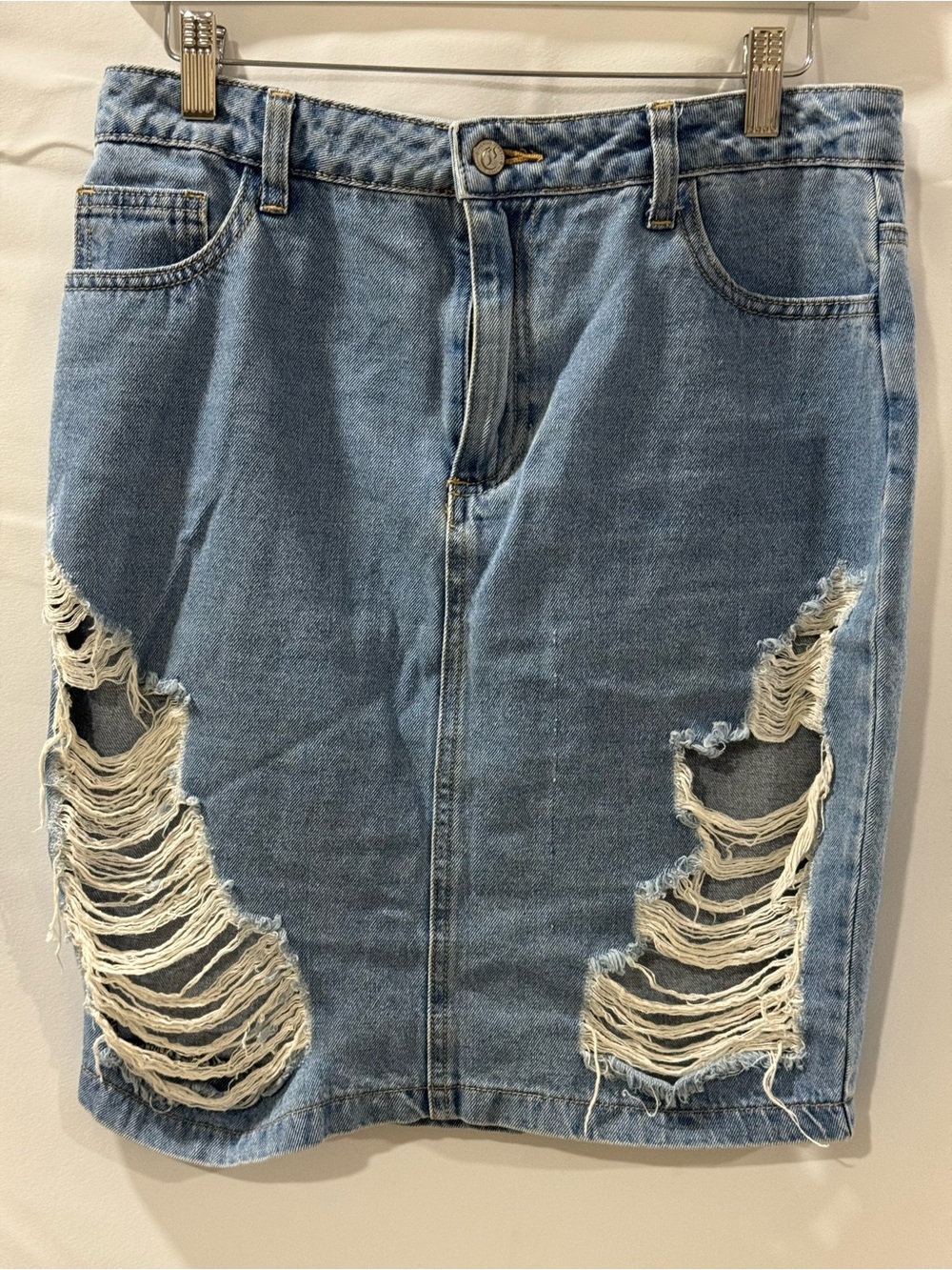 Light Blue Distressed Denim Pencil Skirt